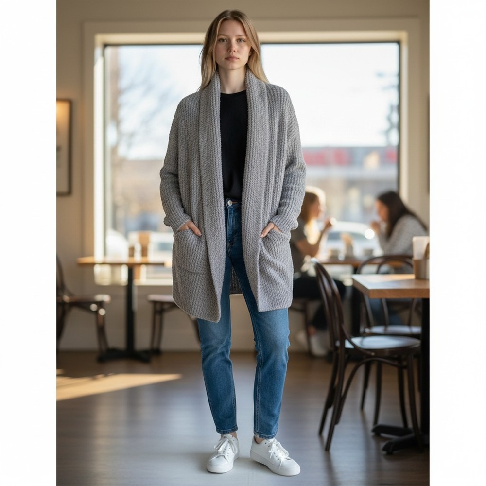 Barefoot Dreams CozyChic Shawl Collar Cable Knit Cardigan Heather Gray Sweater